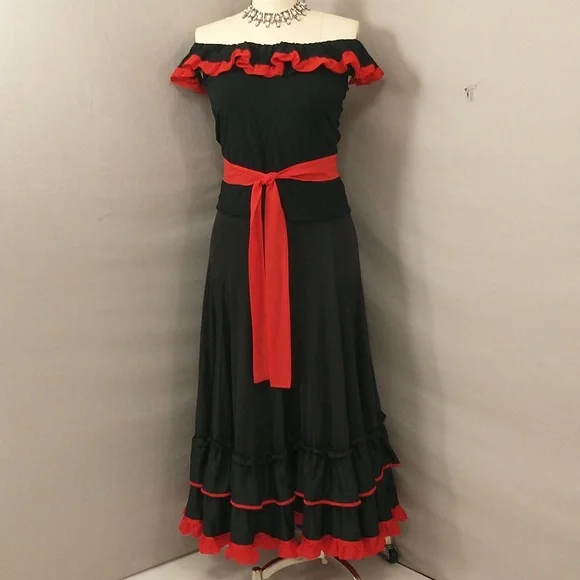 Hand Crafted | Dresses | Flamenco Latin Dance Costume Black And Red Stretch  Full Ruffle Skirt Flirty Fun | Poshmark